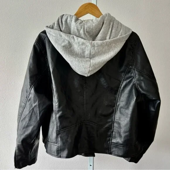 Rue 21+ Jacket 3X Retro Moto Zip Faux Leather Hood Mixed Media Streetwear Grunge - Picture 2 of 11